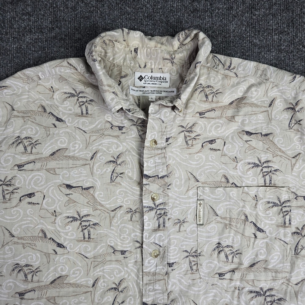 Columbia Mens Hawaiian 100% Cotton Large Short Sleeve Shirt Beige Cool Sharks